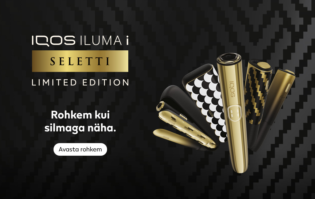 Tumedal taustal Seletti erikollektsioon IQOS seadmed. Nupp Avasta rohkem